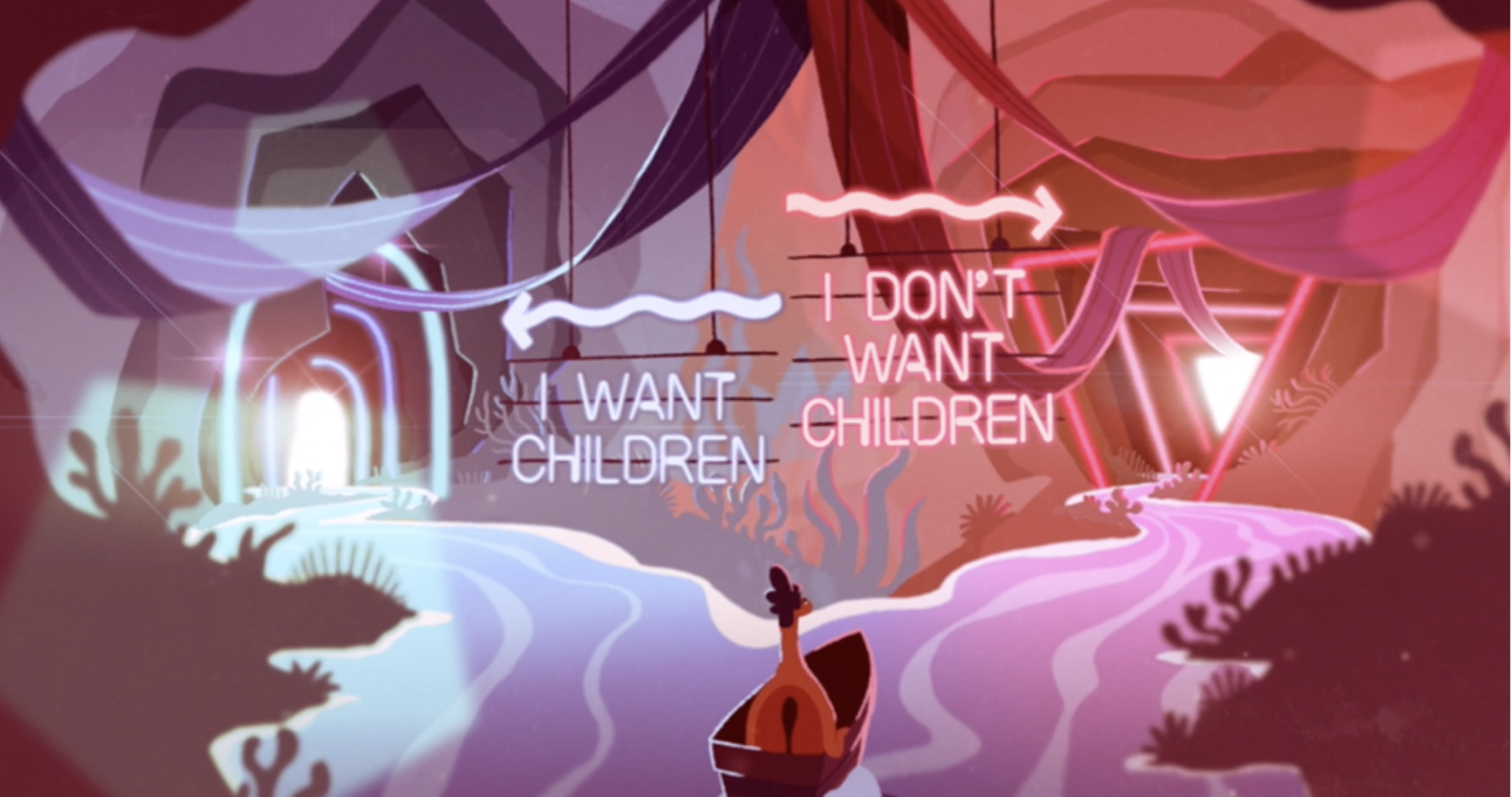 a river that splits in two, with a a sign for "I want children" on the left and "I don't want children" on the right.